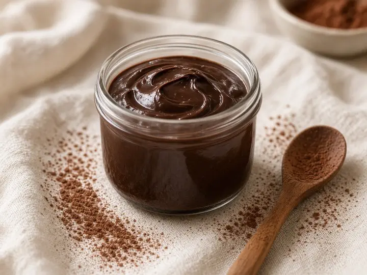 Jar of dark chocolate ganache with cocoa powder