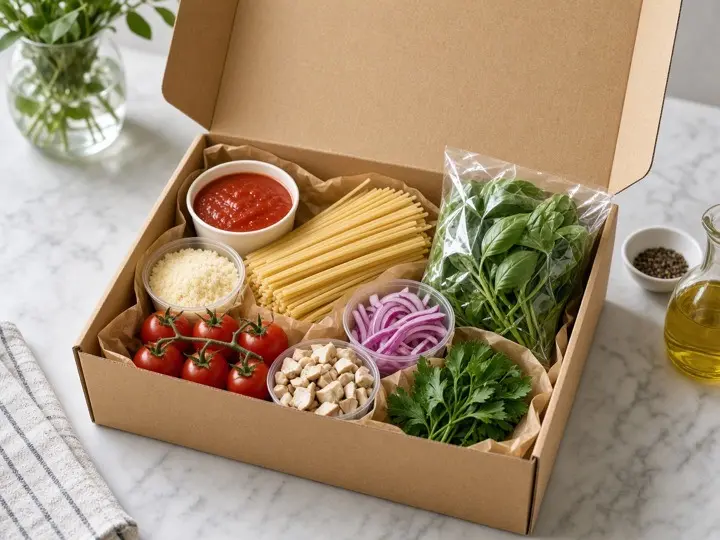 Open meal kit with fresh pasta and vegetables