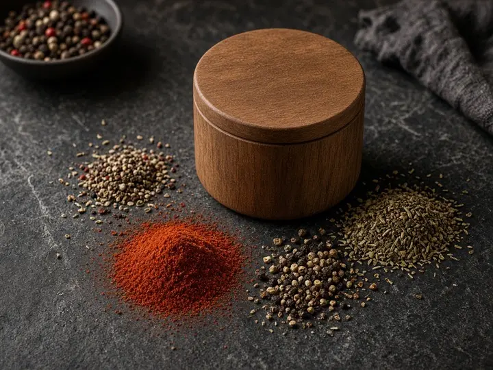 Open tin of colorful spice blend on stone
